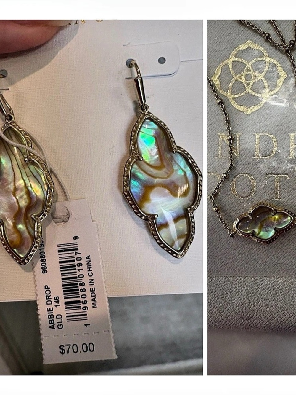 NWT Kendra Scott Abbie Gold Necklace & Earrings Set Abalone